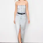 Trendyol světle modré dlouhé džínové šaty bez ramínek s rozparkem