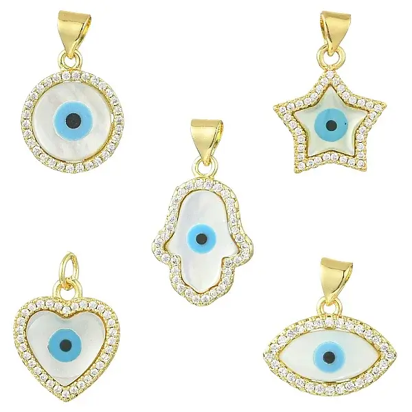 5Pcs 5 Styles Brass Micro Pave Cubic Zirconia Pendants