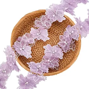1Pc Polyester Flower Lace Trim with Imitaiton Pearl