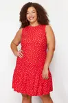 Trendyol Curve Red Polka Dot Printed Zero Sleeve Flounce Shift Mini Stretch Knit Plus Size Dress