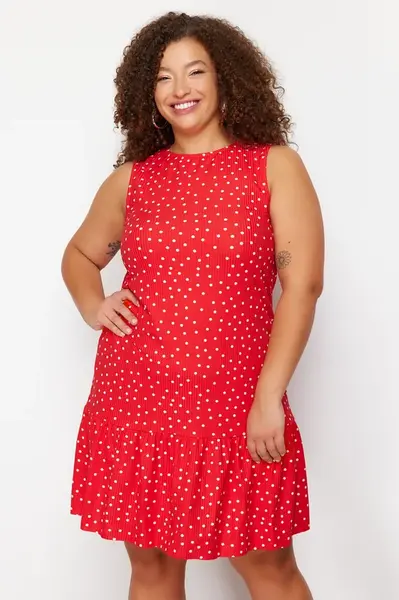Trendyol Curve Red Polka Dot Printed Zero Sleeve Flounce Shift Mini Stretch Knit Plus Size Dress