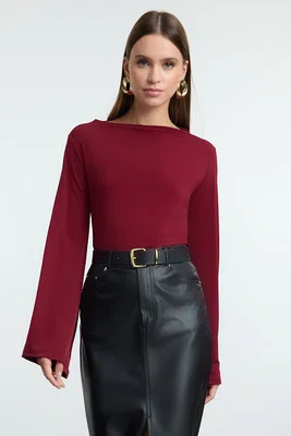 Trendyol Dark Cherry Relaxed/Comfortable Pattern Spanish Sleeve Flexible Knitted Blouse