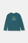 Dětské bavlněné tričko s dlouhým rukávem United Colors of Benetton tyrkysová barva, s potiskem, 3I1XC10Q3