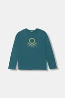 Dětské bavlněné tričko s dlouhým rukávem United Colors of Benetton tyrkysová barva, s potiskem, 3I1XC10Q3