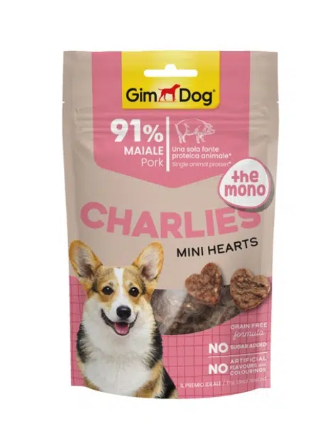 GimDog Charlies The Mono Mini Hearts maškrty pre psov - bravčové, v tvare srdca 70 g