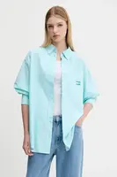 Košile Tommy Jeans dámská, tyrkysová barva, relaxed, s klasickým límcem, DW0DW20988