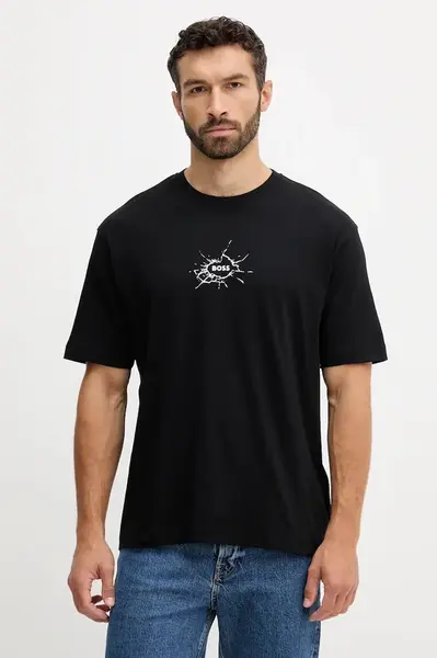 Bavlněné tričko BOSS Orange pánské, černá barva, s potiskem, 50546370