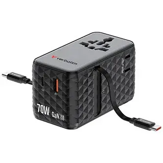 Verbatim, Cestovní adaptér univerzální Charge ,n, Travel 1x USB-C, 1X USB-A + 2x integrovaný kabel USB-C, černá, 70 W
