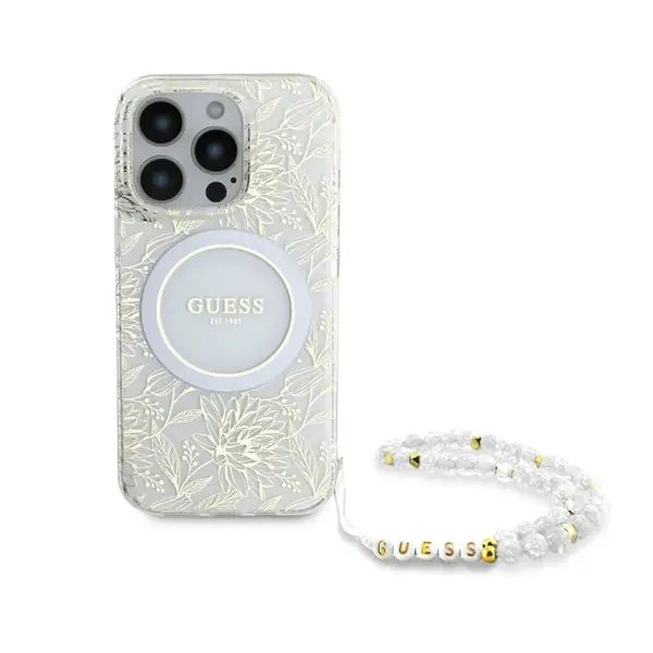Zadní kryt Guess IML Flowers Allover Strap MagSafe pro Apple iPhone 17 Pro Max, bílá