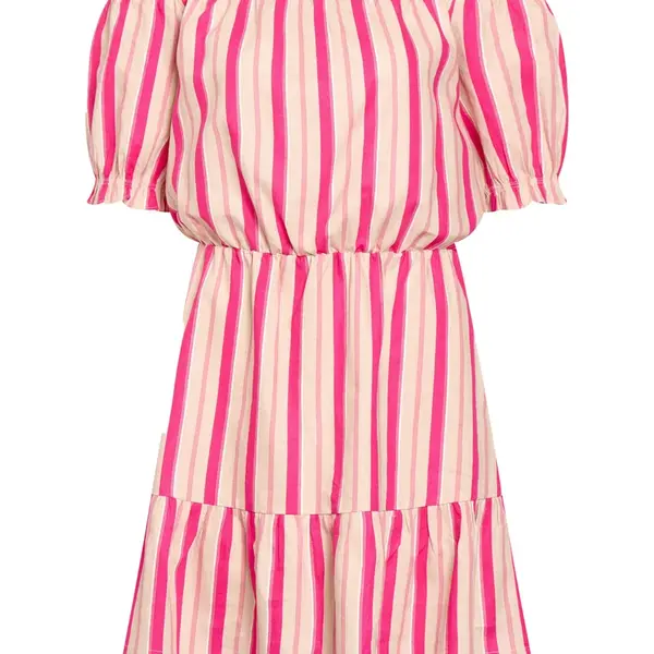 Ružové pruhované ľanové šaty s odhalenými ramenami ORSAY
