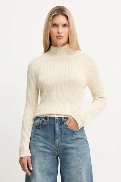 Bavlněný svetr Marc O'Polo dámský, béžová barva, s pologolfem, 509605960173