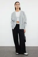 Trendyol Gray Super Wide Pattern Soft Texture Pocket Detailed Knitwear Cardigan