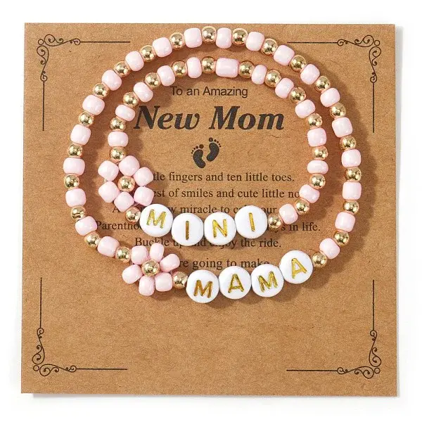 2Pcs Mother's Day Brass & Glass Seed Bead Strertch Bracelets