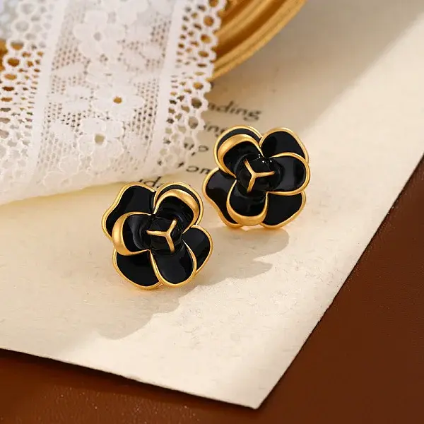 Golden Flower Brass Enamel Stud Earrings