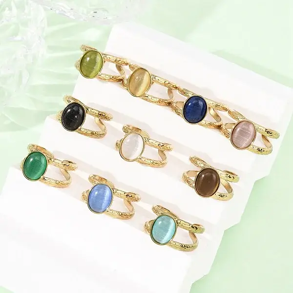 304 Stainless Steel with Glass Cat Eye Cuff Rings for Women