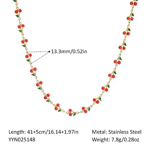 304 Stainless Steel Enamel Red Cherry Link Chain Necklaces for Women