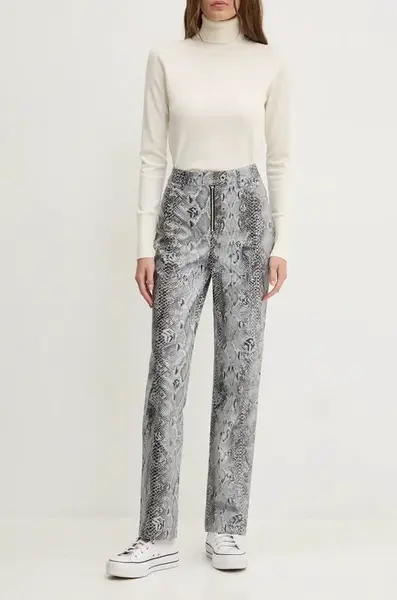 Kalhoty Karl Lagerfeld Jeans dámské, šedá barva, jednoduché, high waist, 246J1005