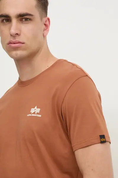 Bavlněné tričko Alpha Industries hnědá barva, s potiskem