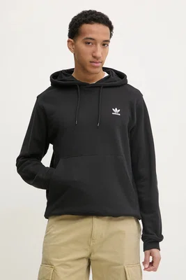Bavlněná mikina adidas Originals Essential pánská, černá barva, s kapucí, hladká, JD2404