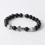 Round Natural Howlite & Black Onyx & Cross Synthetic Non-magnetic Hematite Stretch Beaded Bracelet for Men