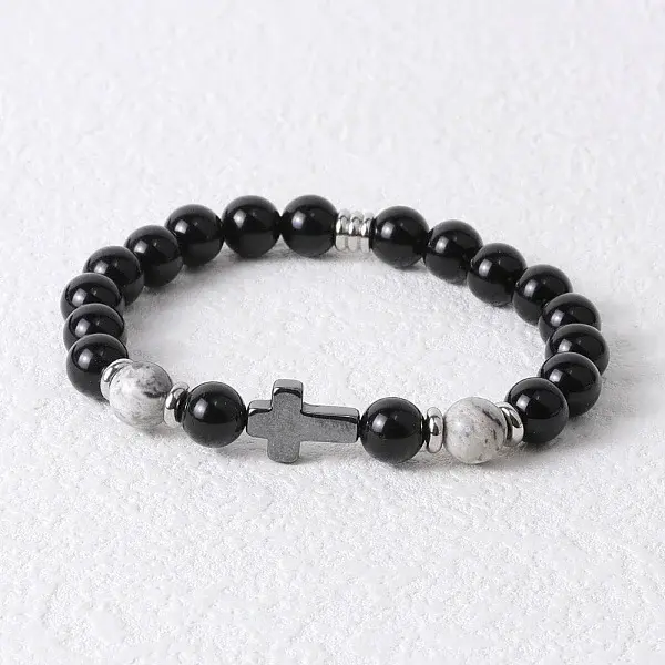 Round Natural Howlite & Black Onyx & Cross Synthetic Non-magnetic Hematite Stretch Beaded Bracelet for Men