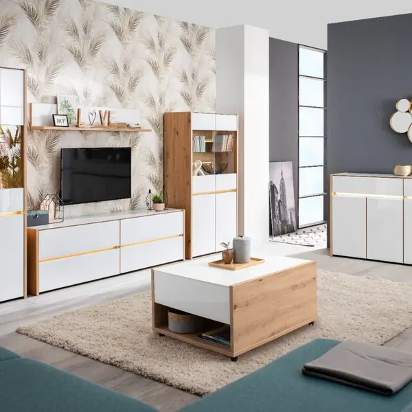 Obývací sestava s osvětlením embra - dub artisan/bílý lesk