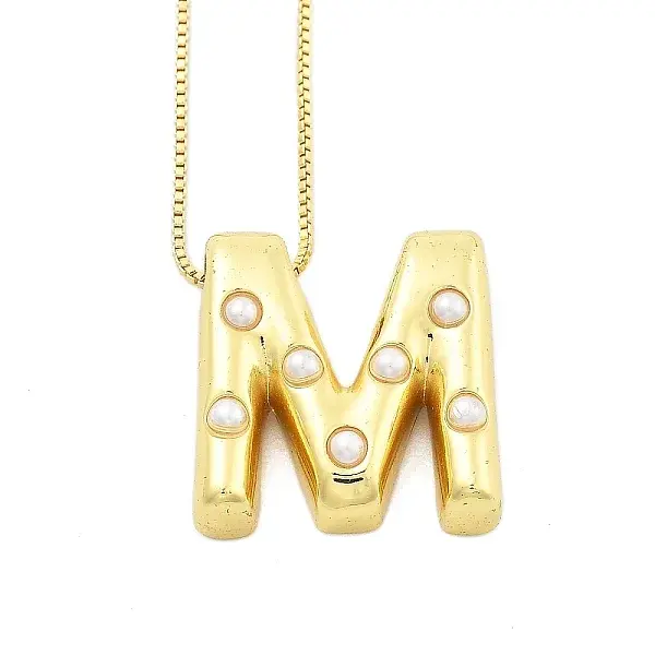 Brass & Plastic Pearl Letter Pendant Box Chain Necklaces for Women