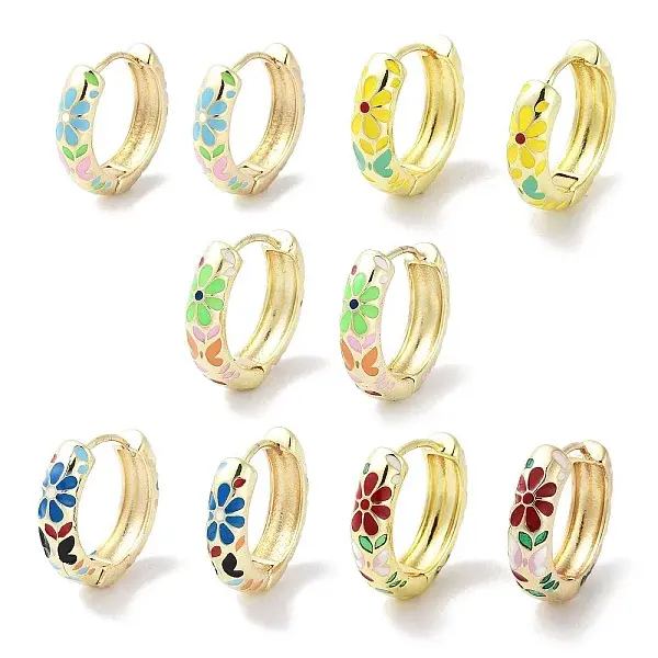 Real 18K Gold Plated Brass Enamel Flower Print Hoop Earrings for Women