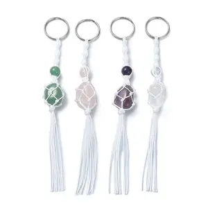 Nylon Threads Wrap Natural Gemstone Macrame Pouch Keychains