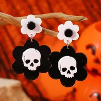 Acrylic Skull with Flower Dangle Stud Earrings