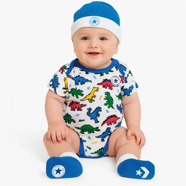 Converse converse aop bodysuit, bib, bootie 3pc set 6-12m