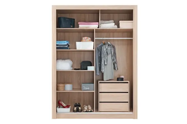 Šatní skříň angelika s posuvnými dveřmi a kontejnerem iii - dub sonoma