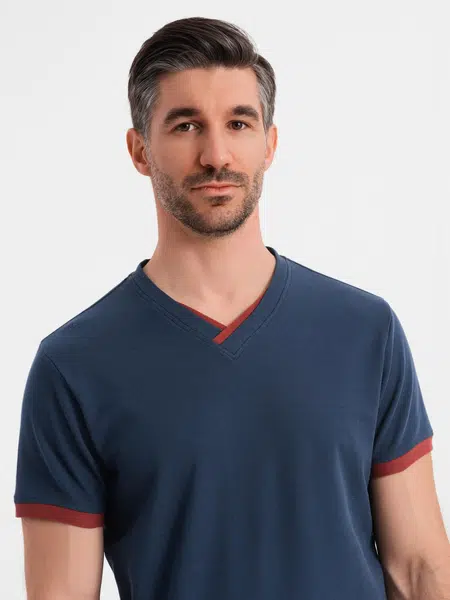 Ombre Men's T-shirt with contrasting inserts and v-neck - navy blue