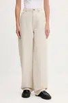 Bavlněné kalhoty Rotate dámské, béžová barva, široké, high waist, 1142981763