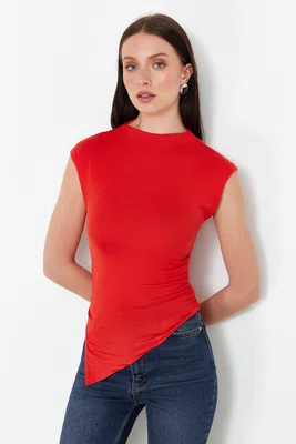Trendyol Red Stand Collar Gather/Drape Detailed Fitted/Asymmetrical Knitted Blouse