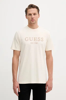 Bavlněné tričko Guess pánské, béžová barva, s aplikací, M5YI17 I3Z14