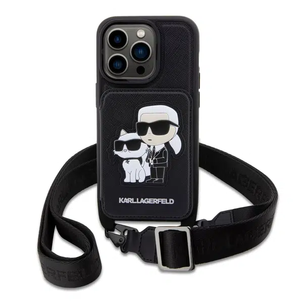Zadní kryt Karl Lagerfeld Saffiano Crossbody popruh Karl and Choupette pro Apple iPhone 14 Pro Max, černá