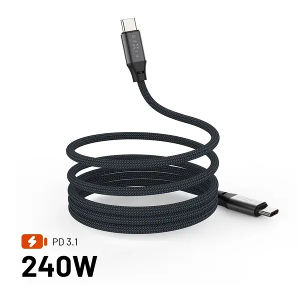 Magnetický nabíjecí a datový opletený kabel FIXED, USB-C/USB-C, podpora PD, 1.2m, USB 2.0, 240W, šedá