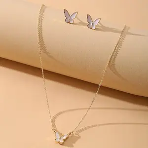 Butterfly Alloy Enamel Pendant Necklaces & Stud Earrings Sets