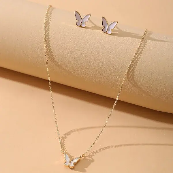 Butterfly Alloy Enamel Pendant Necklaces & Stud Earrings Sets