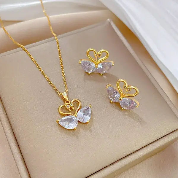 Brass Micro Pave Cubic Zirconia Pendant Necklace & Stud Earrings