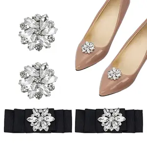 4Pcs 2 Styles Flower Bowknot Iron Crystal Rhinestone Shoe Buckle Clips