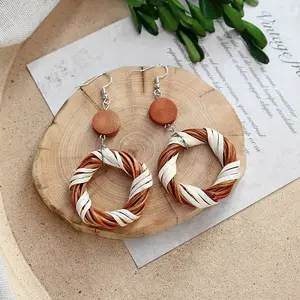 Bohemian Wood & Rattan Wood Woven Dangle Earrings