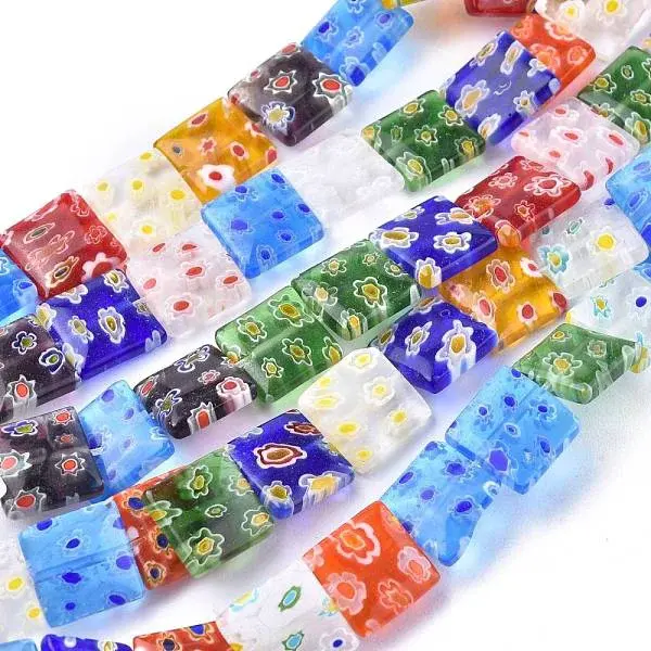 Square Handmade Millefiori Glass Lampwork Beads Strands