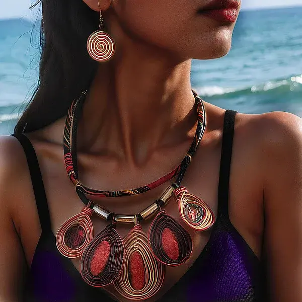 Aluminum Wire Wrapped Resin Beaded Oval Pendant Necklaces & Flat Round Dangle Earrings Sets
