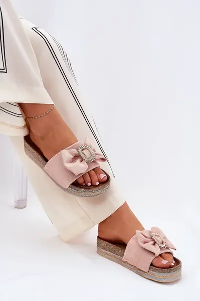 Boto Dámské Pantofle Na Platformě S Mašlí A Ozdobnou Broží Růžové Lenela