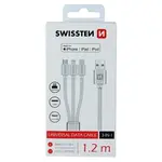Datový kabel Swissten textile 3in1, MFi, 1,2m, stříbrný