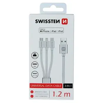 Datový kabel Swissten textile 3in1, MFi, 1,2m, stříbrný