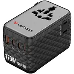 Verbatim 30190, Cestovní adaptér univerzální Charge ,n, Travel 2x USB-C, 2X USB-A + 1x integrovaný kabel USB-C, černá, 170 W