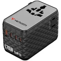 Verbatim 30190, Cestovní adaptér univerzální Charge ,n, Travel 2x USB-C, 2X USB-A + 1x integrovaný kabel USB-C, černá, 170 W
